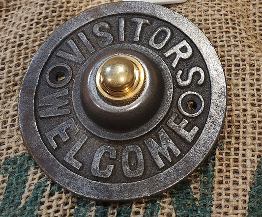 Door Bell Push - Visitors Welcome - Antique Iron with brass push button